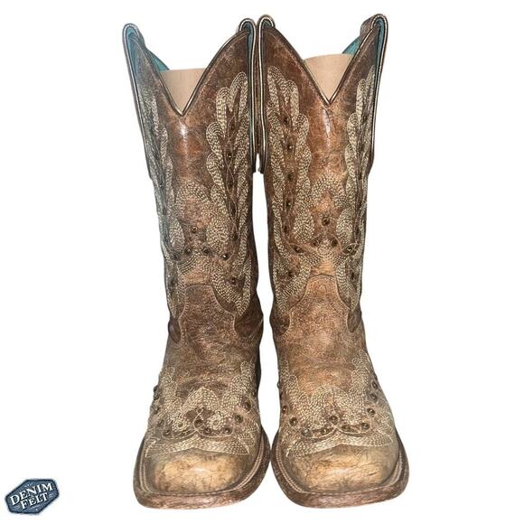 Corral Boots Women’s Metalic Cognac Stitching & Studs Square Toe Western Boots - Picture 5 of 16